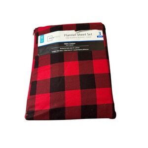 MainStay 3 Piece Twin Red/Black BUFFALO Plaid Cotton Flannel Sheet Set NEW